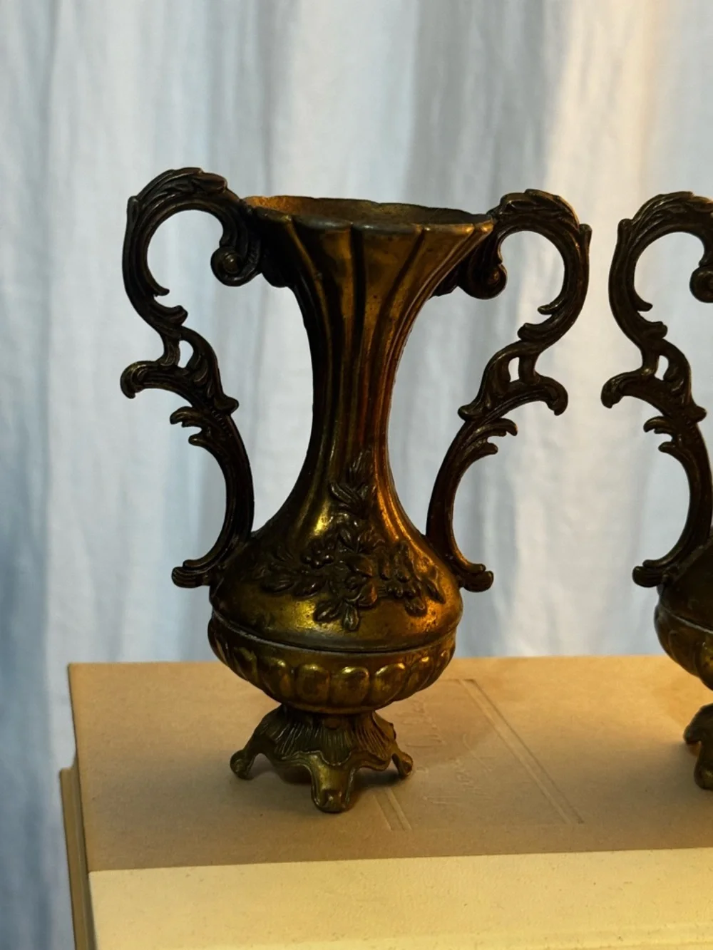 Vintage Italian Brass Bud Vase Renaissance-style Floral Dual Handles Ornate Set